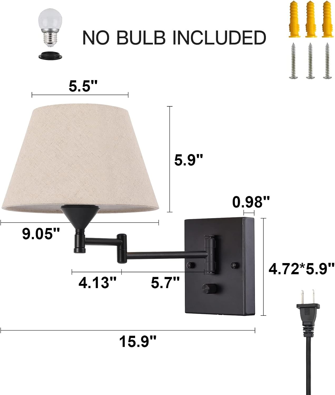 Pauwer Plug in Wall Sconce Set of 2, Swing Arm Wall Lamp (Beige Shade) | Fabric Shade, Wall Light Fixtures with Plug in
