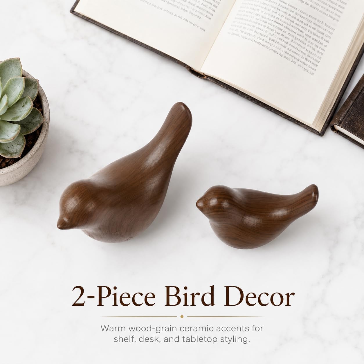 Ceramic Bird Figurines / Dark Wood Grain / Set of 2