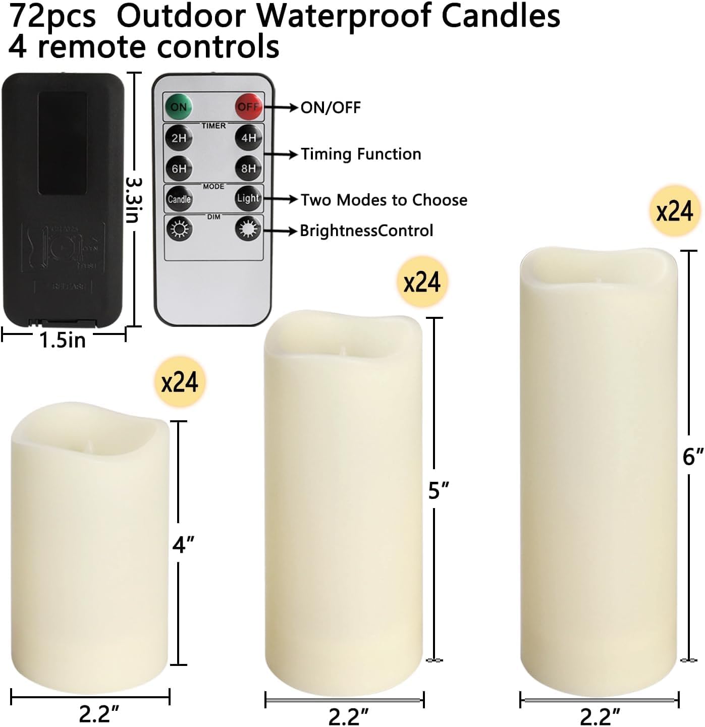 Set of 72 Flameless Led Battery Opeated (D2.2'' x H4''5''6'') Waterproof Outdoor Indoor Candles with 10-Key Remotes and