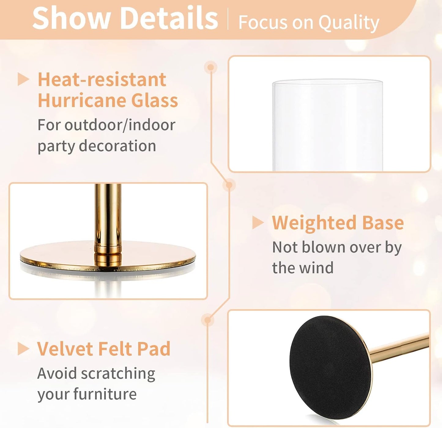 Nuptio Gold Candlestick Holder Tall Hurricane Candle Holder Set of 3 Taper Candle Holders Candle Stand Glass Cover