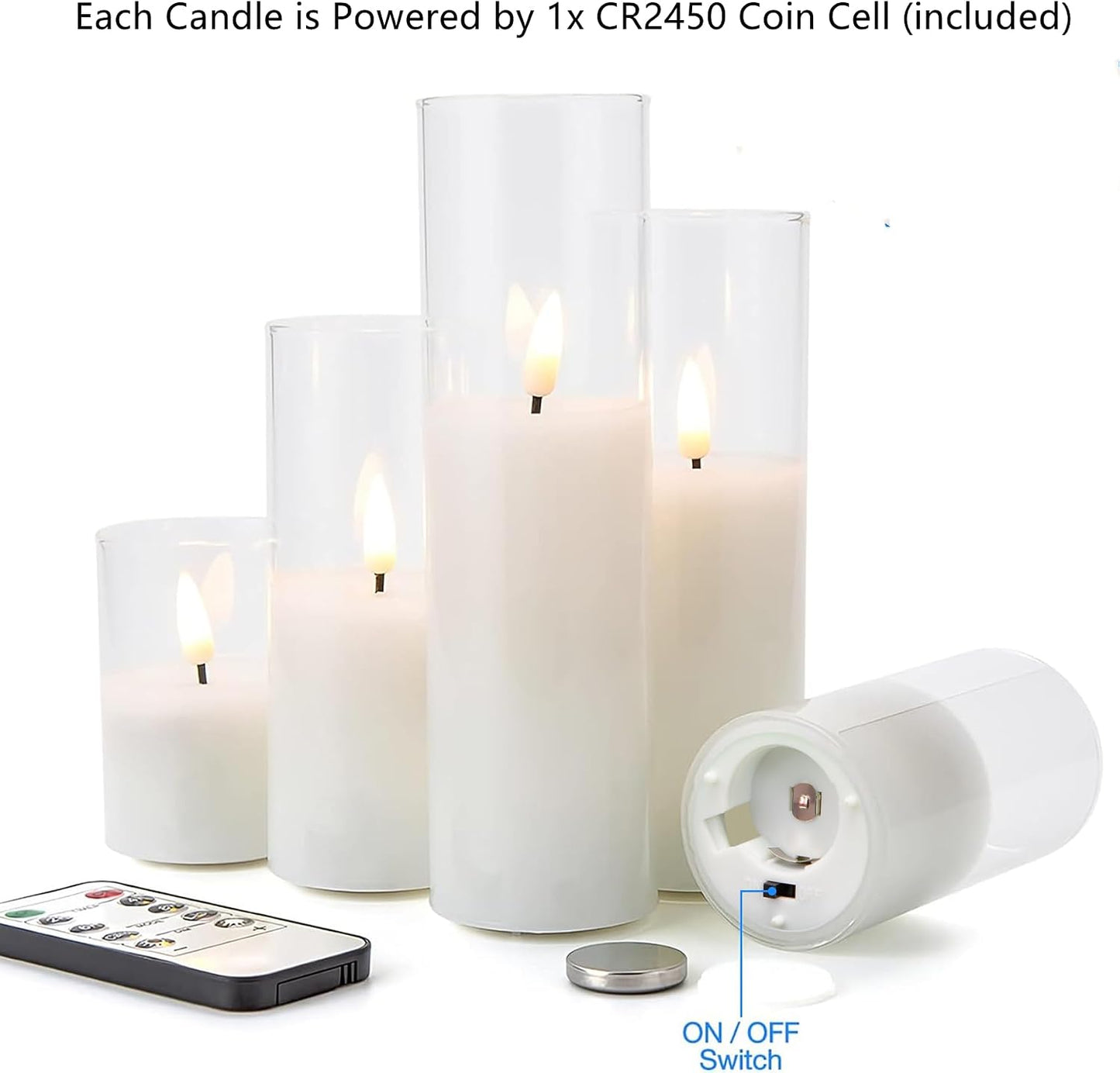 Clear Glass Fake Pillar Candles with Remote Batteries Set of 5 | Flickering Tall Flameless LED Candles, Wedding Home