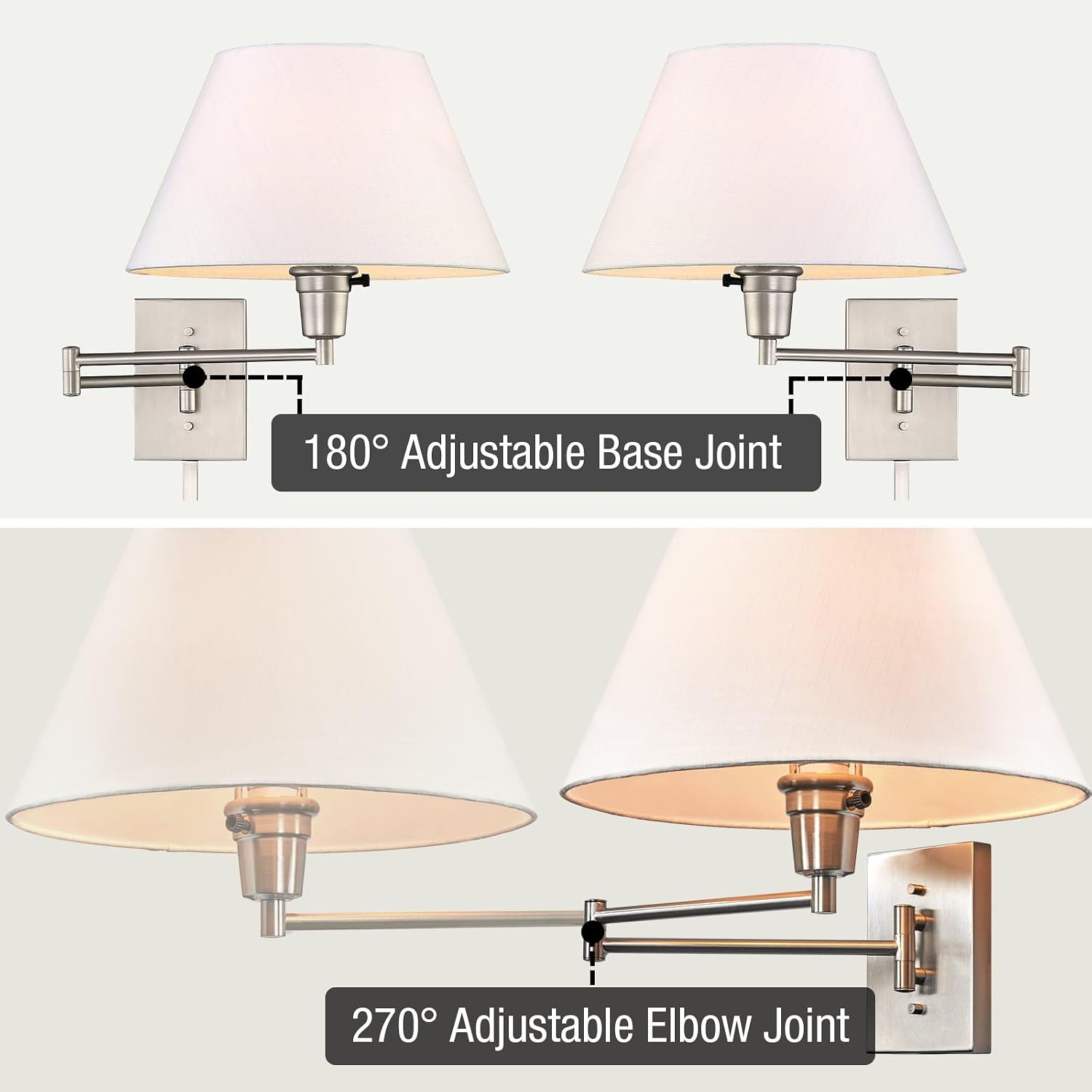 Kira Home Cambridge 15" Modern Swing Arm Wall Sconce with 3-Way Switch | White Empire Fabric Shade, 2-in-1 Plug In or