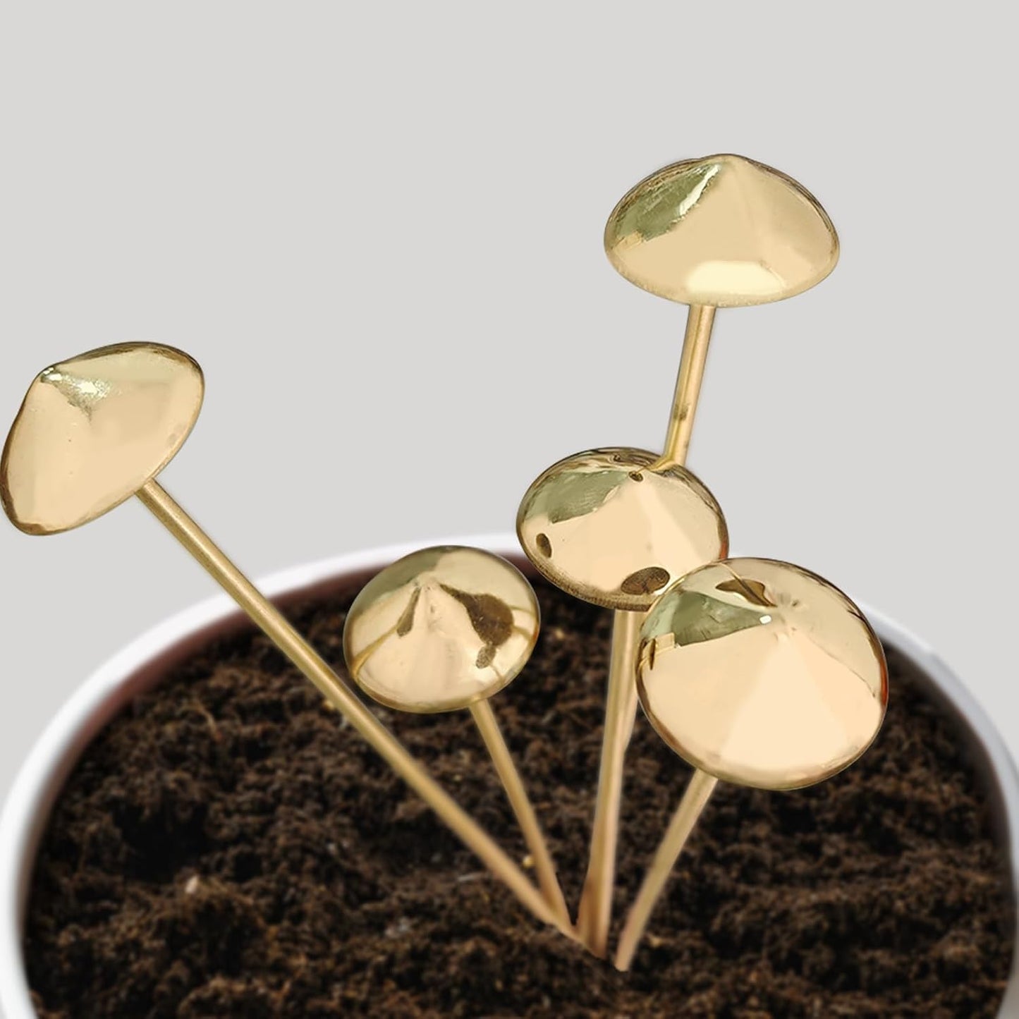 Brass Fake Mushroom Plant Stakes Metal Fairy Garden Decor for Potted Plants Indoor / Set of 5