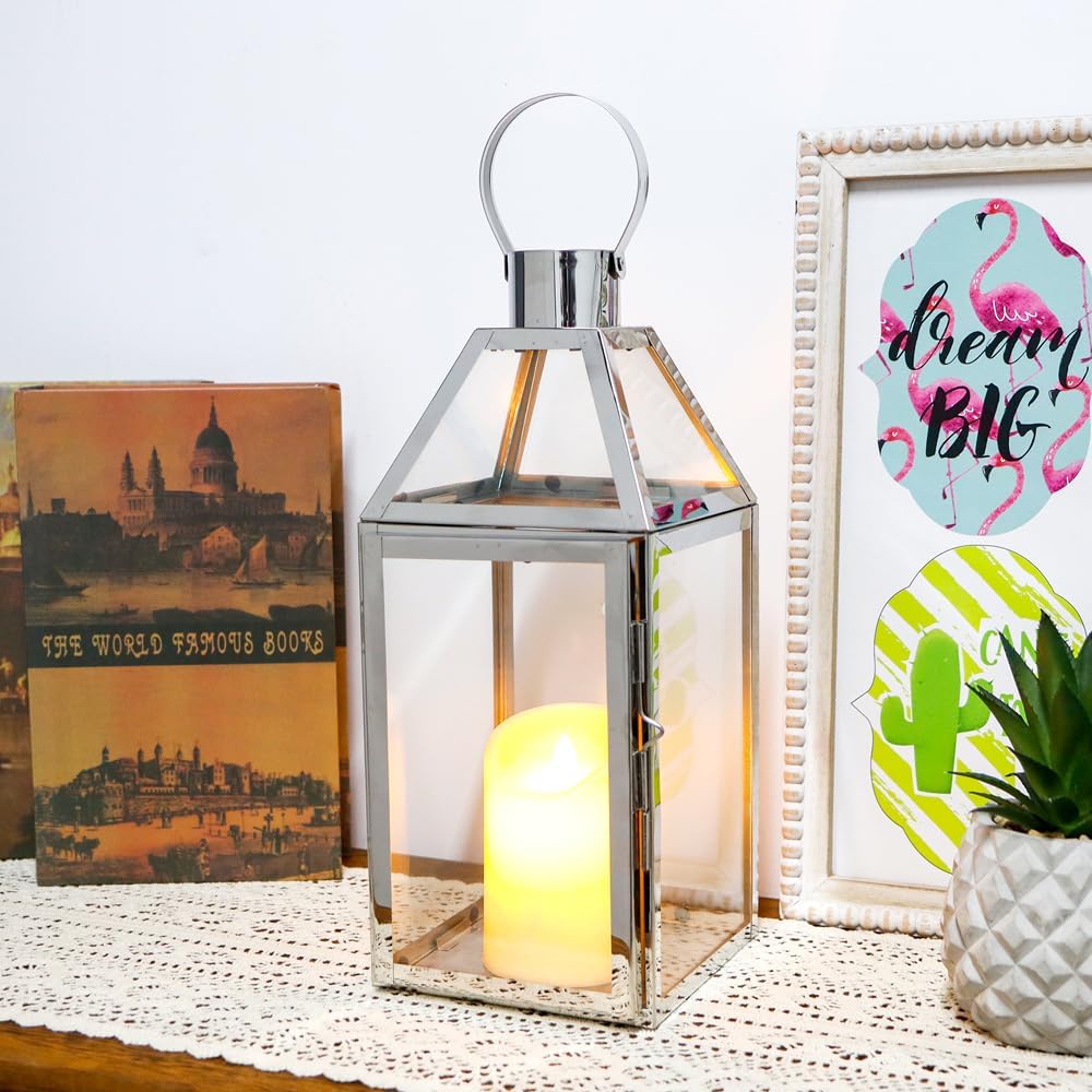 JHY Design Silver Decorative Lanterns 16inch High Stainless Steel Candle Lanterns with Tempered Glass for Indoor