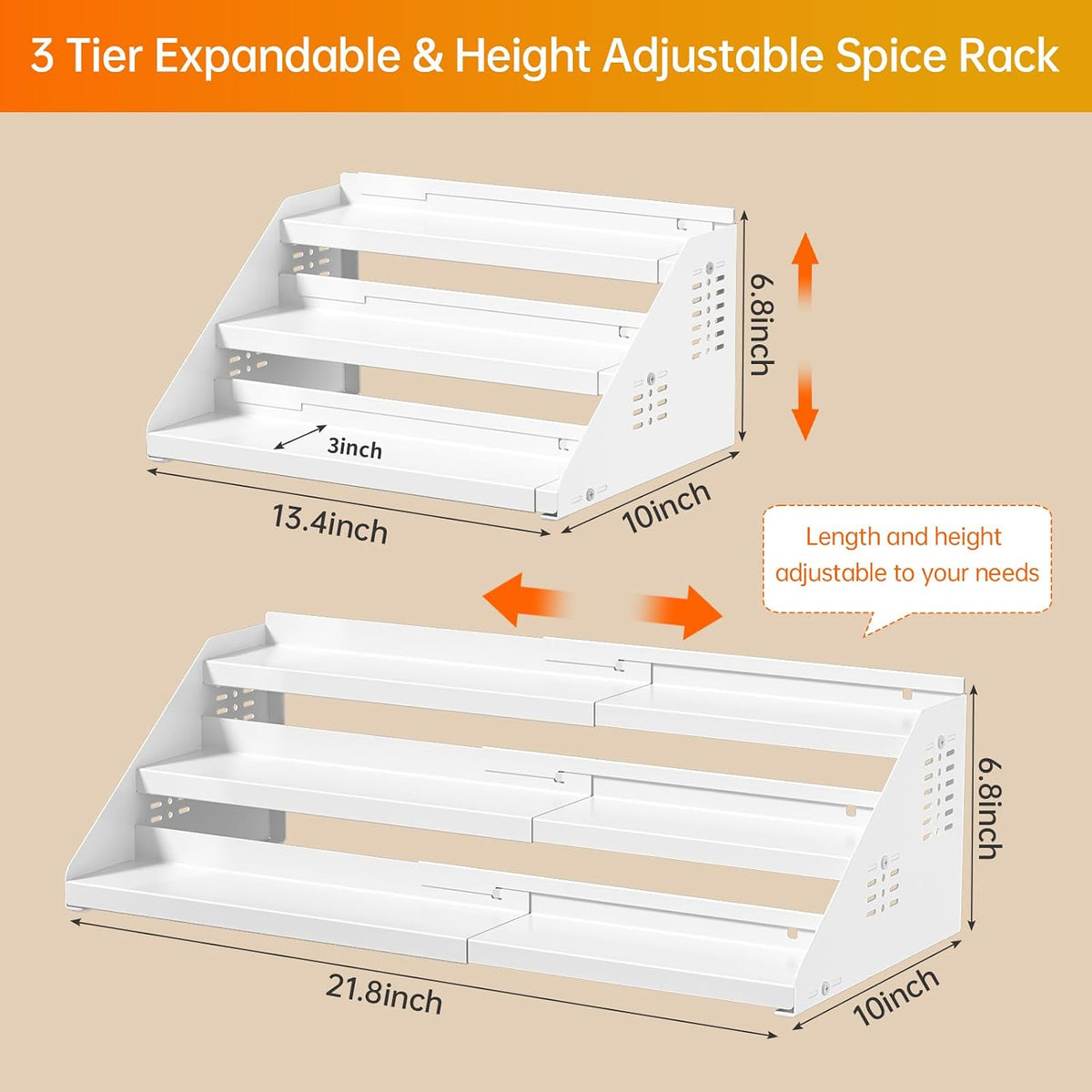 RCHYFEED 3 Tier Expandable Spice Rack Organizer, Height Adjustable,Metal | White, Multi-purpose Metal Display Organizer