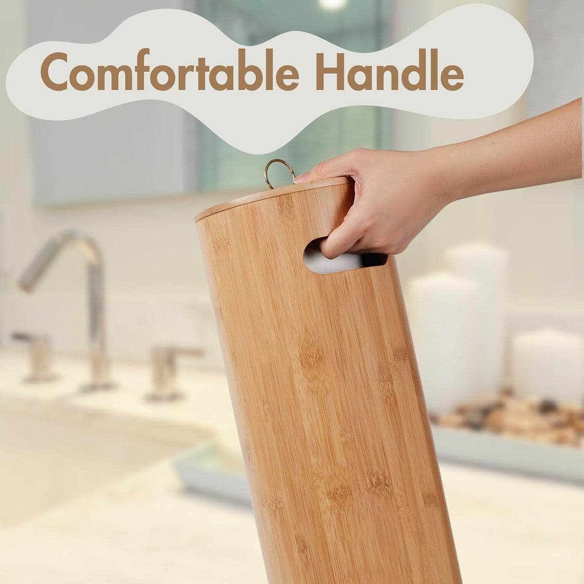 Gobam Bamboo Toilet Paper Storage with Dual-Use Lid, Freestanding Bathroom Tissue Organizer with Viewing Slot, Built-In