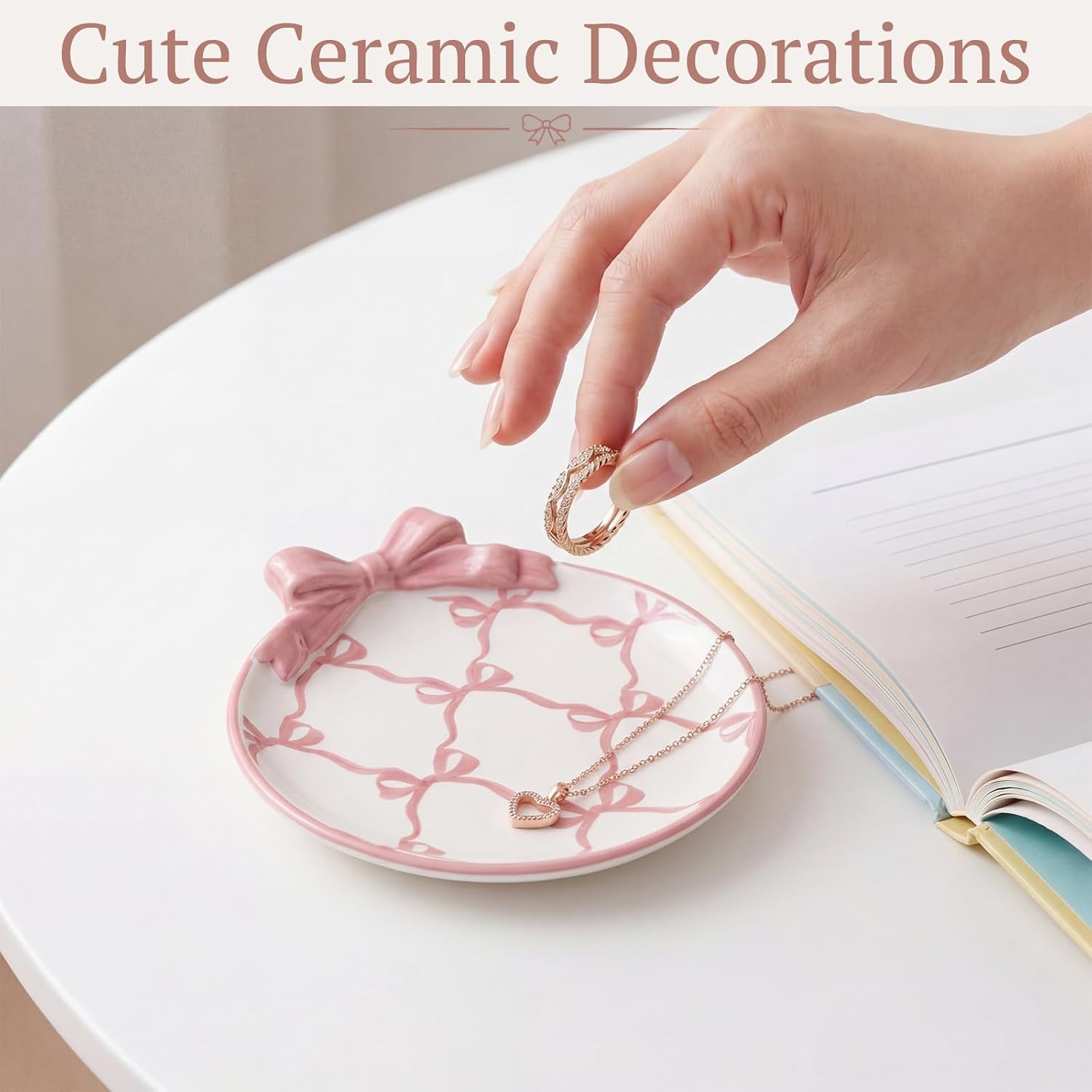 Bow Ceramic Jewelry Tray Coquette Ring Holder Trinket Dish for Rings Earrings Necklaces Bow / Pink