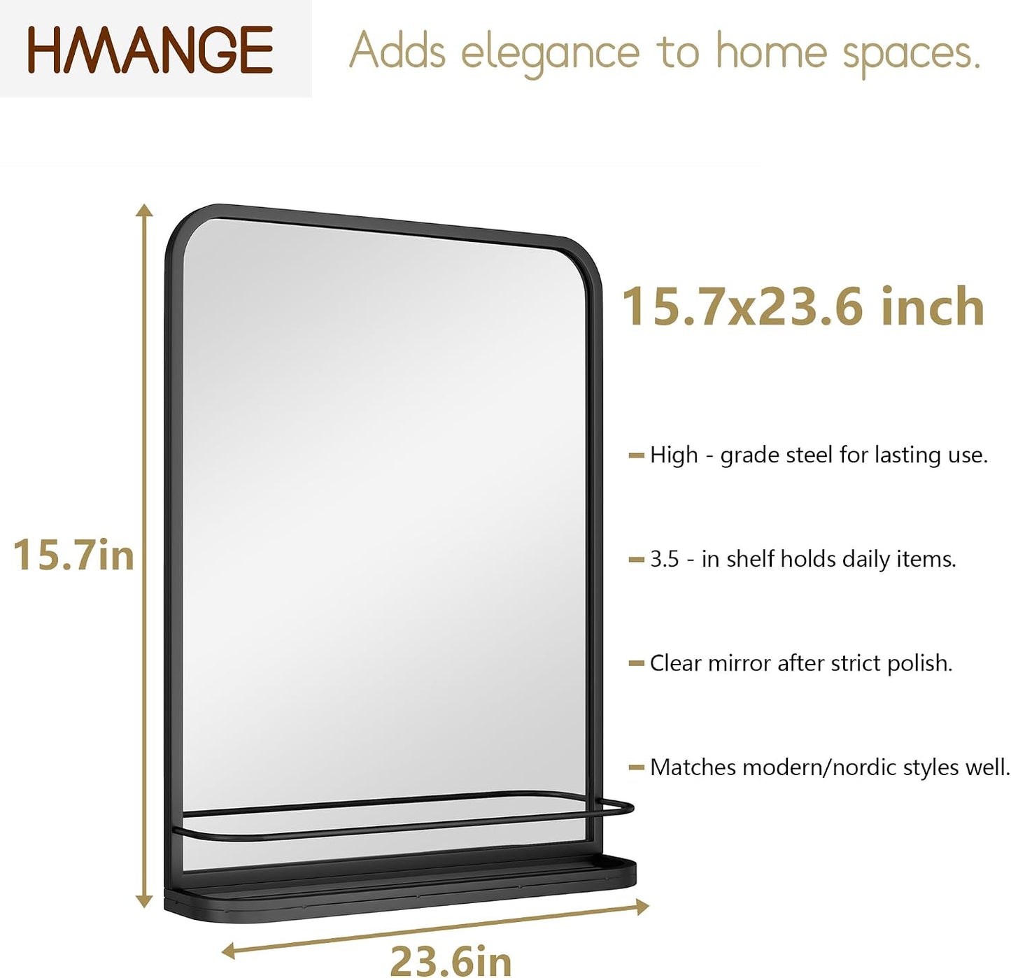 Wall-Mounted Rectangle Metal Mirror / Black / 15.7"L x 23.6"W / 15.7 x 23.6