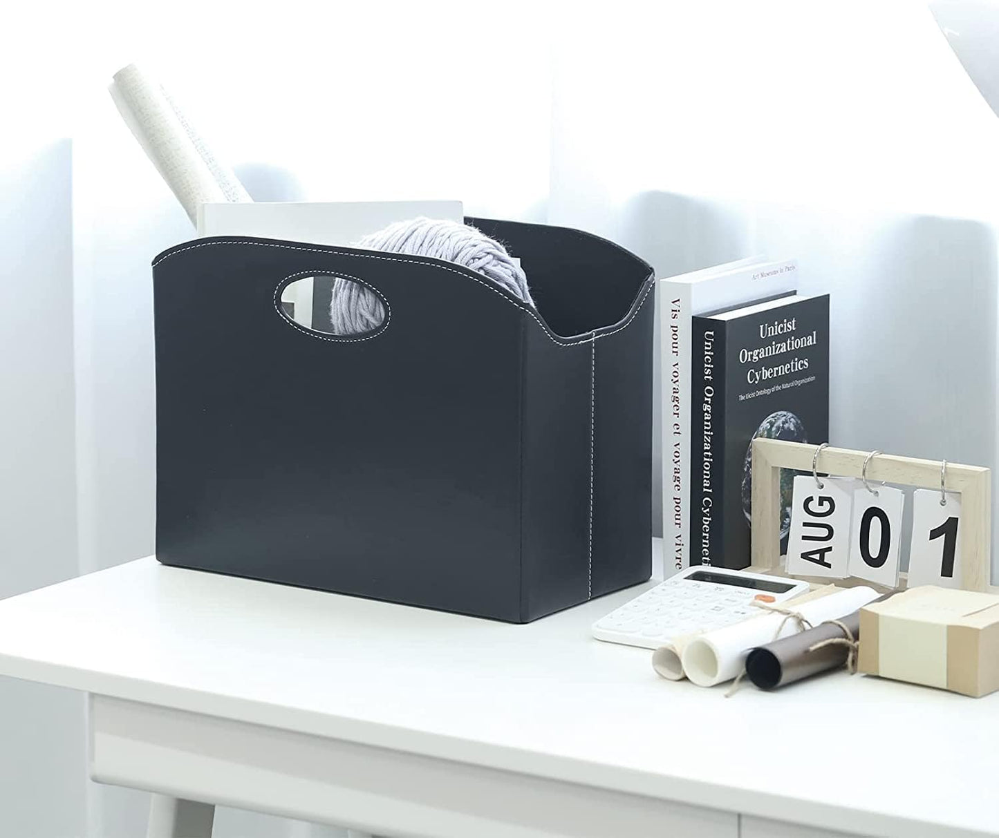 EZDeco Magazine Holder Foldable Magazine Rack Floor PU Leather File Holder Newspaper Book Storage Magazine Basket