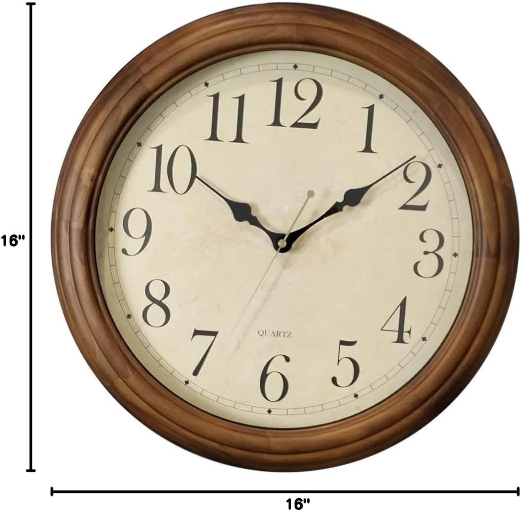 CHIRAY 16-Inch Solid Wood Silent Non-Ticking Decorative Wall Clock with Large Arabic Numerals Battery Operated Analog