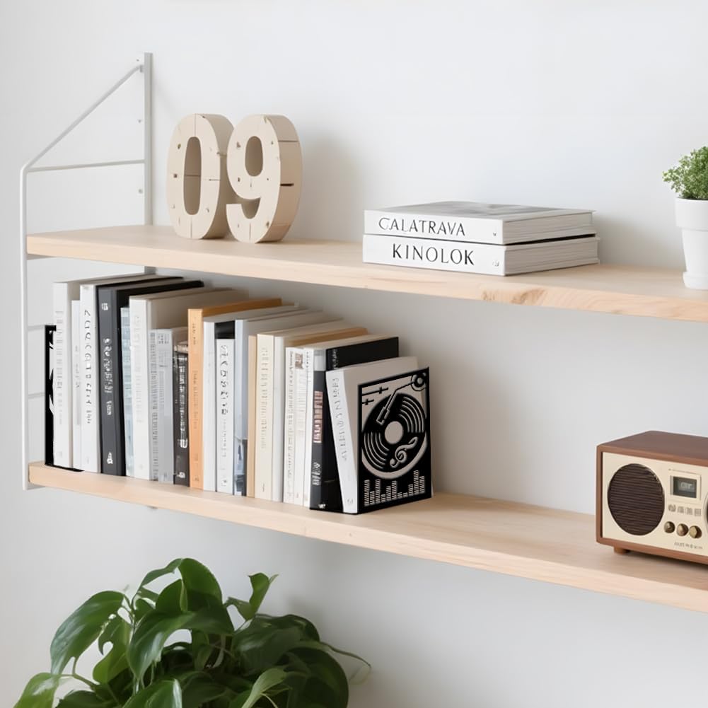 Metal Bookends Heavy Duty Book Shelf Holders Vinyl Records / Music Film / Black / Set of 2