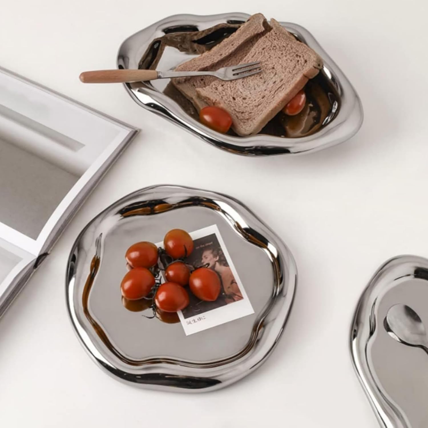 Tray Decorative Vanity Tray Bathroom Tray Jewelry Dish Ceramic Round Plate Holder / Silver / 7.5