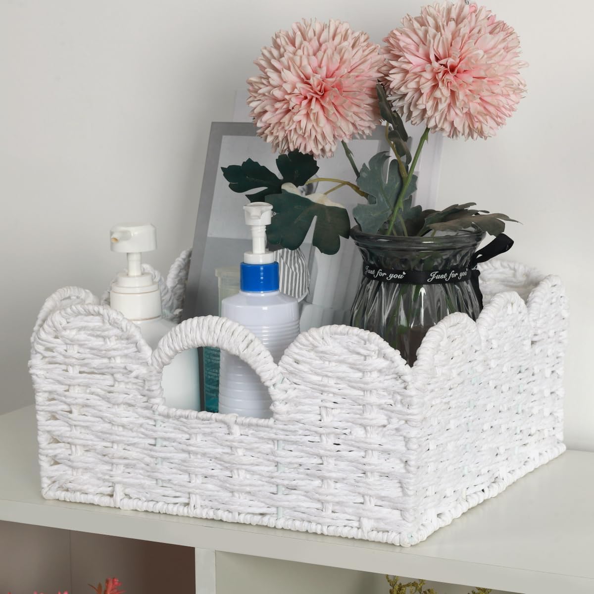 Handles Handwoven Organizer Bin Wicker / White