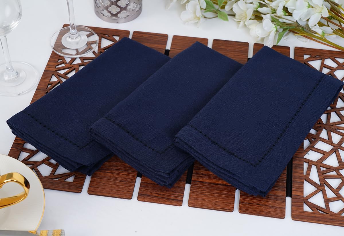 Blue Needles Navy Blue Hemstitch Linen Napkins Set of 12-100% Cotton Cloth Dinner Napkins 18x18 inches, Soft, Reusable