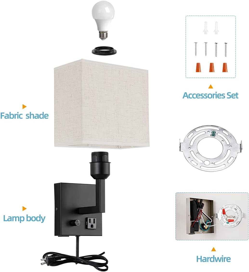 Plug in Wall Sconce, Bedside Wall lamp with Plug and dimmable Switch, with USB Charging Port and Socket, Suitable for