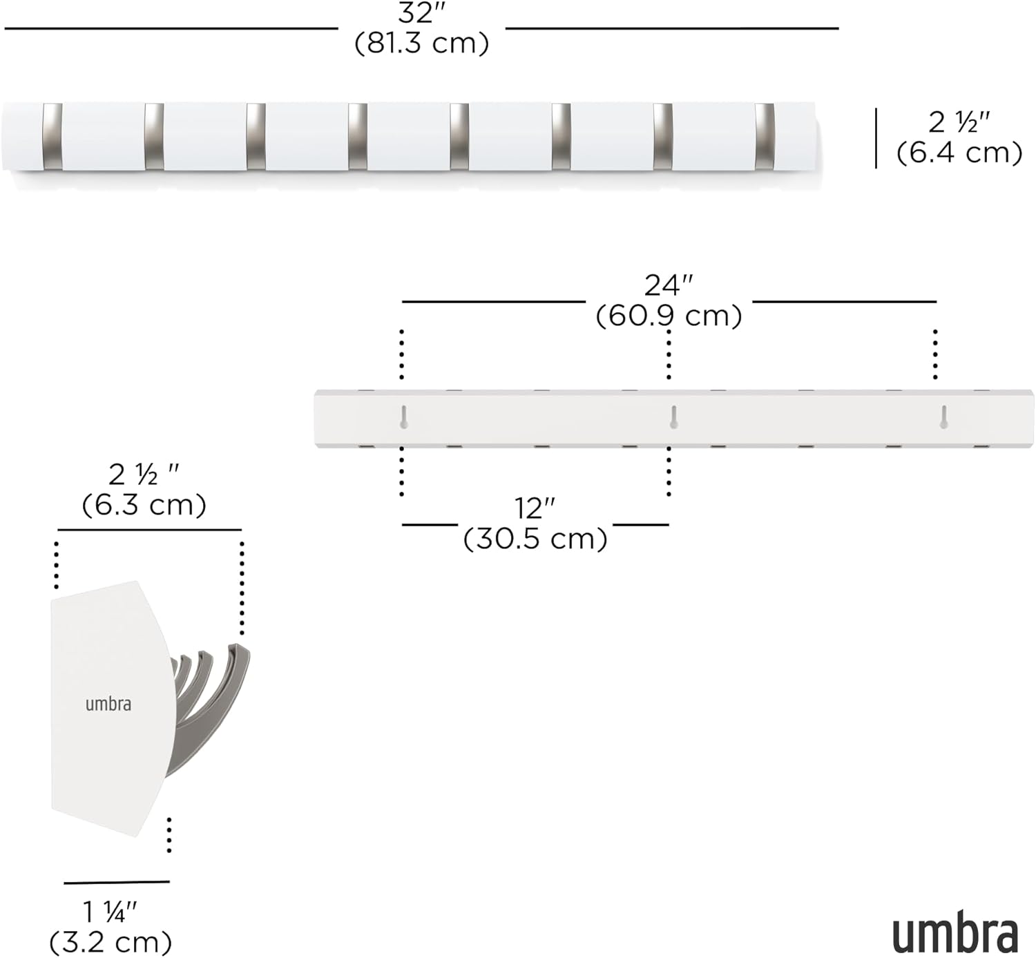 Umbra Flip Coat Rack, Wall Mount 8-Hook, Space Saving, White | Real wood and steel build, retractable hooks fold flat