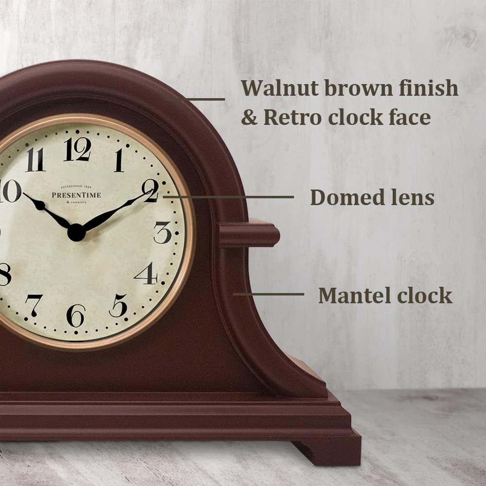 Mantel Clock Vintage Farmhouse Series | Napoleon Desk & Shelf Clock, 13 x 10", Domed Lens, Quartz Movement, Walnut
