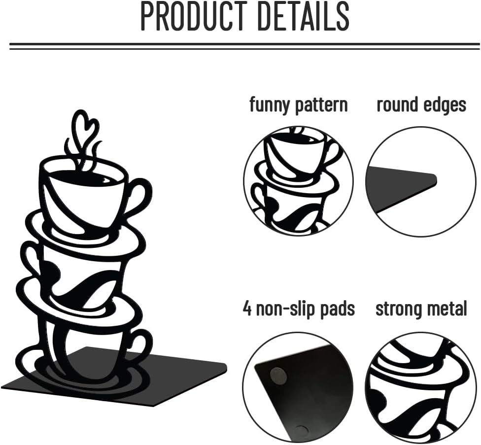 1 Pair Metal Decorative Bookend / Coffee Cup / Black