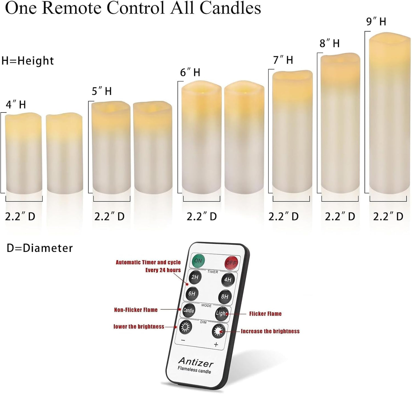 Flameless Candles Led Candles Pack of 9 (H 4" 5" 6" 7" 8" 9" x D 2.2") Real Wax Battery Candles with Remote Timer for