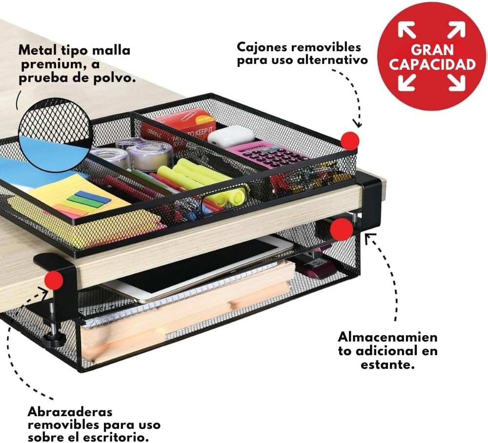 Under Desk Drawer Organizer Clamp-On, Mesh Metal Attachment, 1 Drawer Slide Out, On or Under Desk Organizer for Office