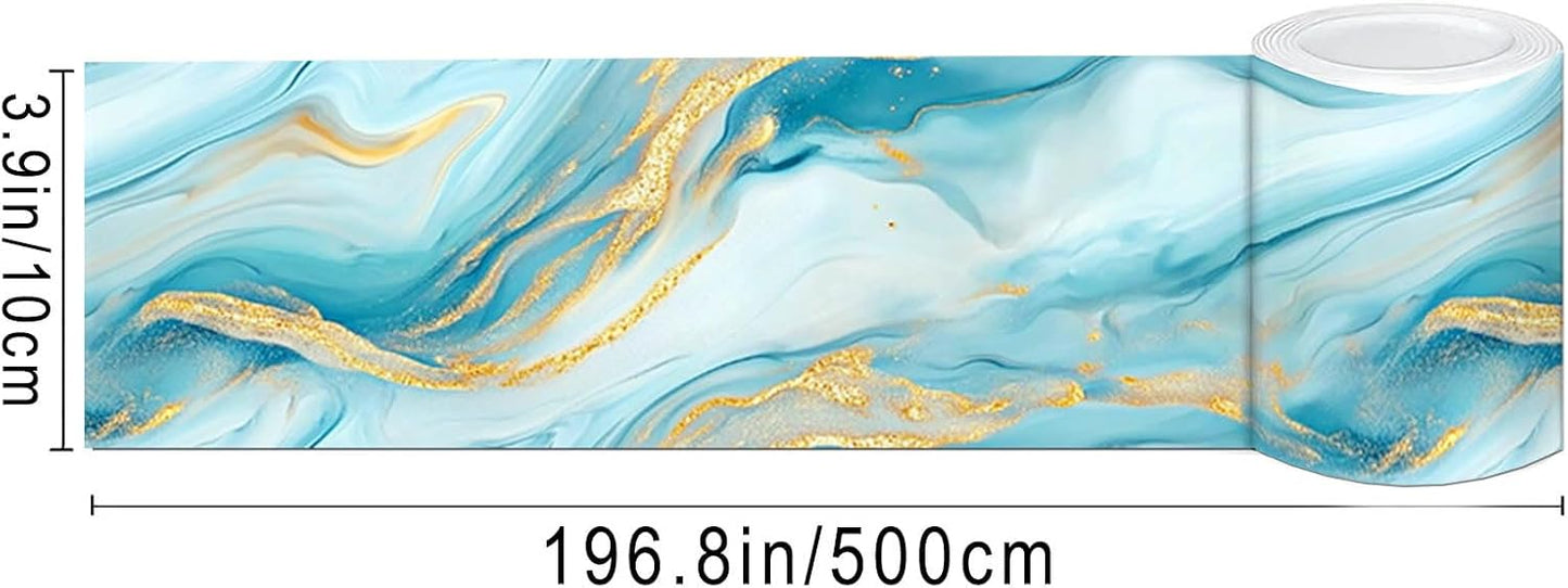 Wallpaper Border Peel and Stick Blue Gold Marble Pattern Mirror Frame / Ocean Gold Marble / 196 x 4