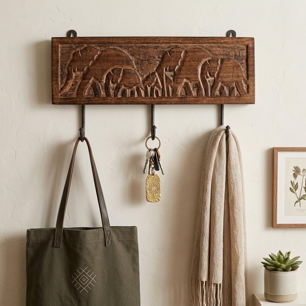 Wooden Cloth Hook Coat Rack Wall Mount 3 Hooks / Elephant