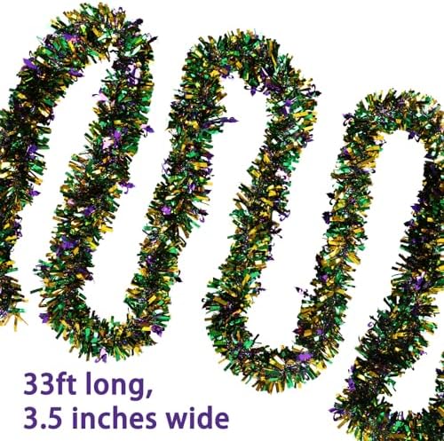 FOIMAS 33FT Mardi Gras Tinsel Garland,Green Purple Green Twisted Metallic Hanging Garland for Mardi Gras Parade Tree Fireplace Home Decoration