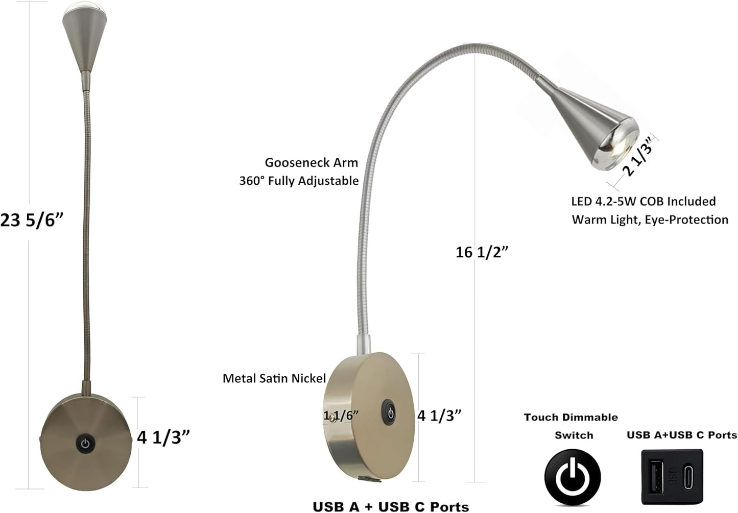 HomeFocus Bedside Reading Wall Light,LED Wall Lamp,Wall Sconces,Nickel