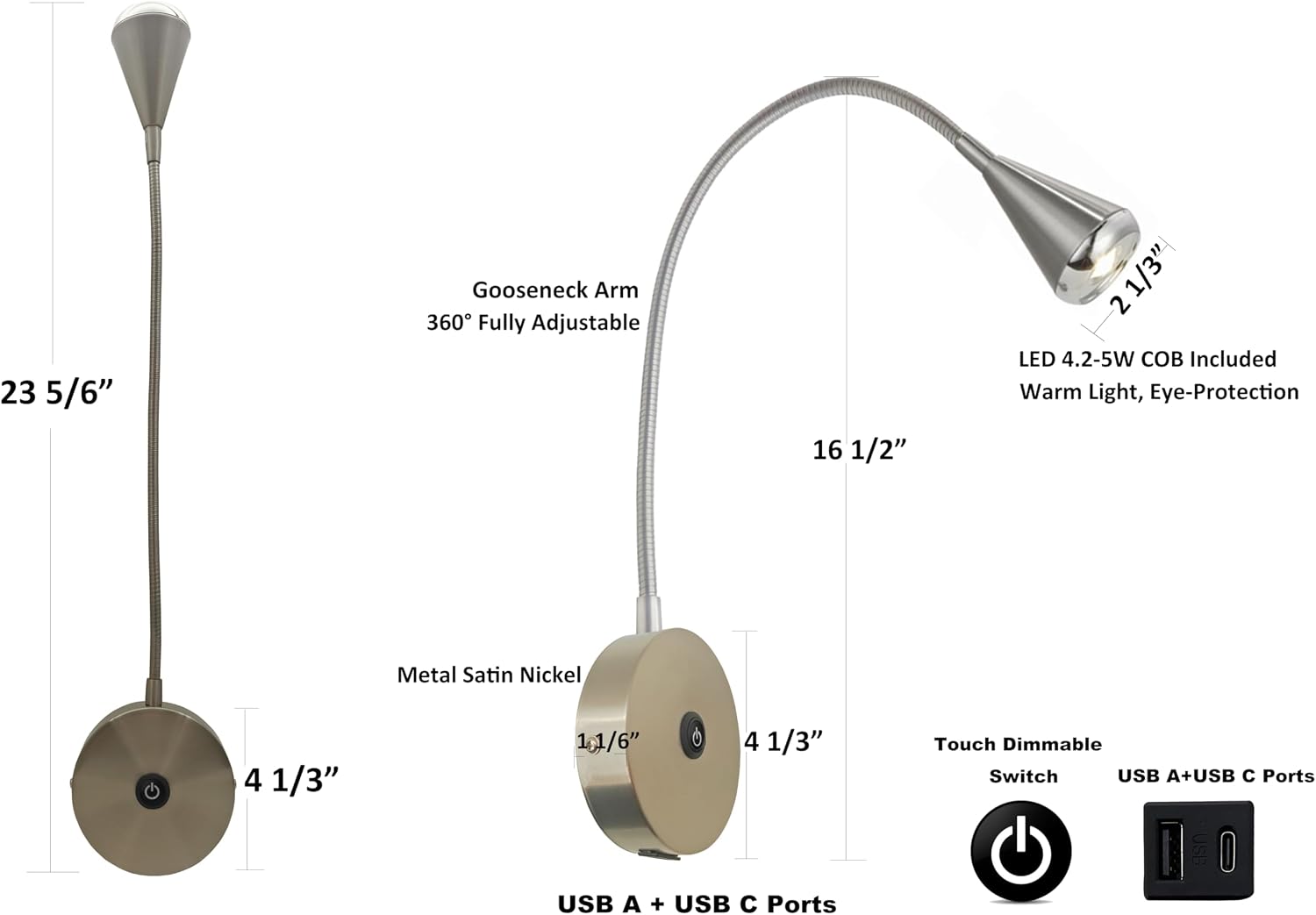 HomeFocus Bedside Reading Wall Light,LED Wall Lamp,Wall Sconces,Nickel