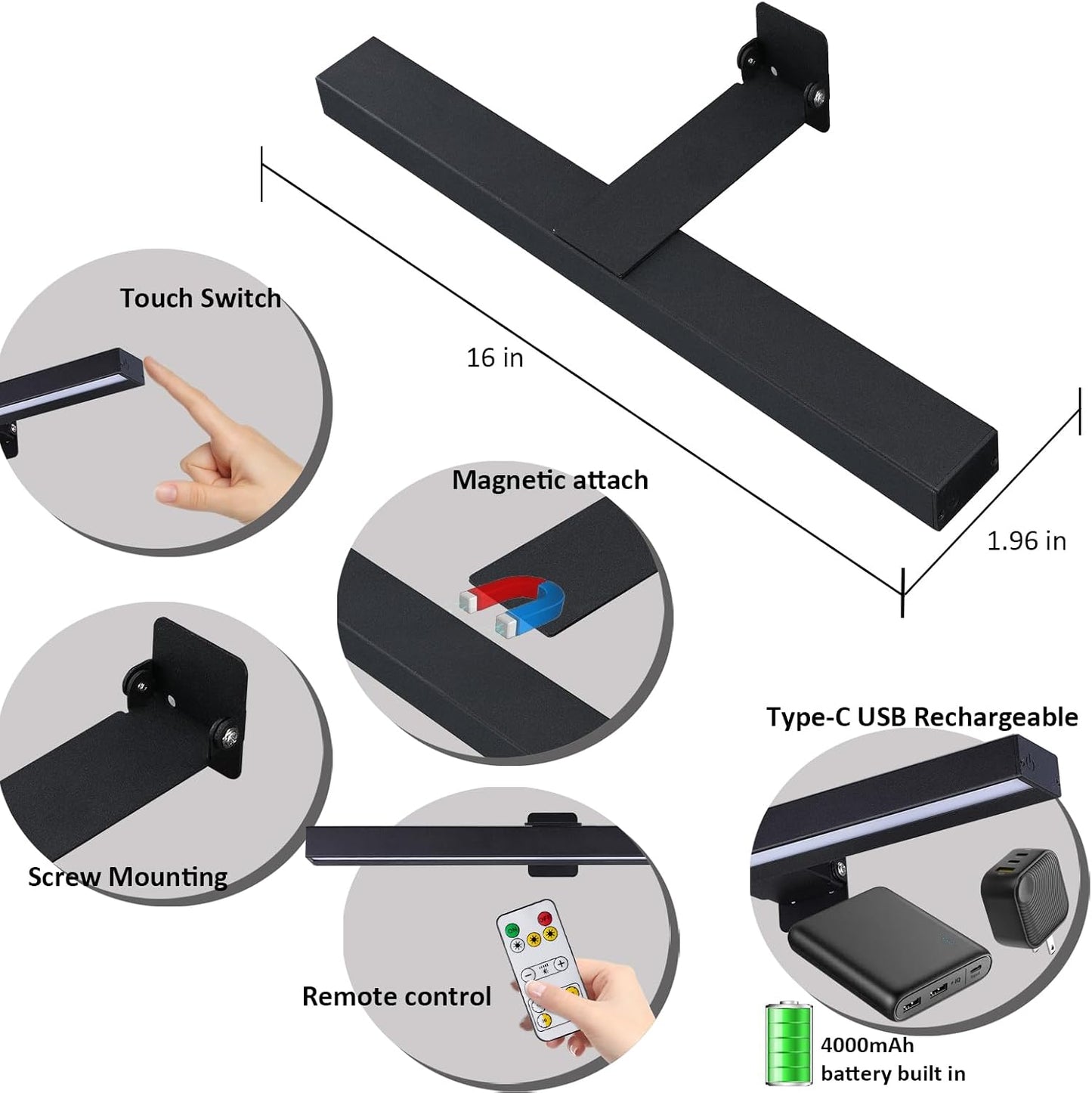 MIOBLUE LED Picture Lights with Remote, 16in Metal Battery Operated Picture Light,Rechargeable Display Lamp,Dimmable