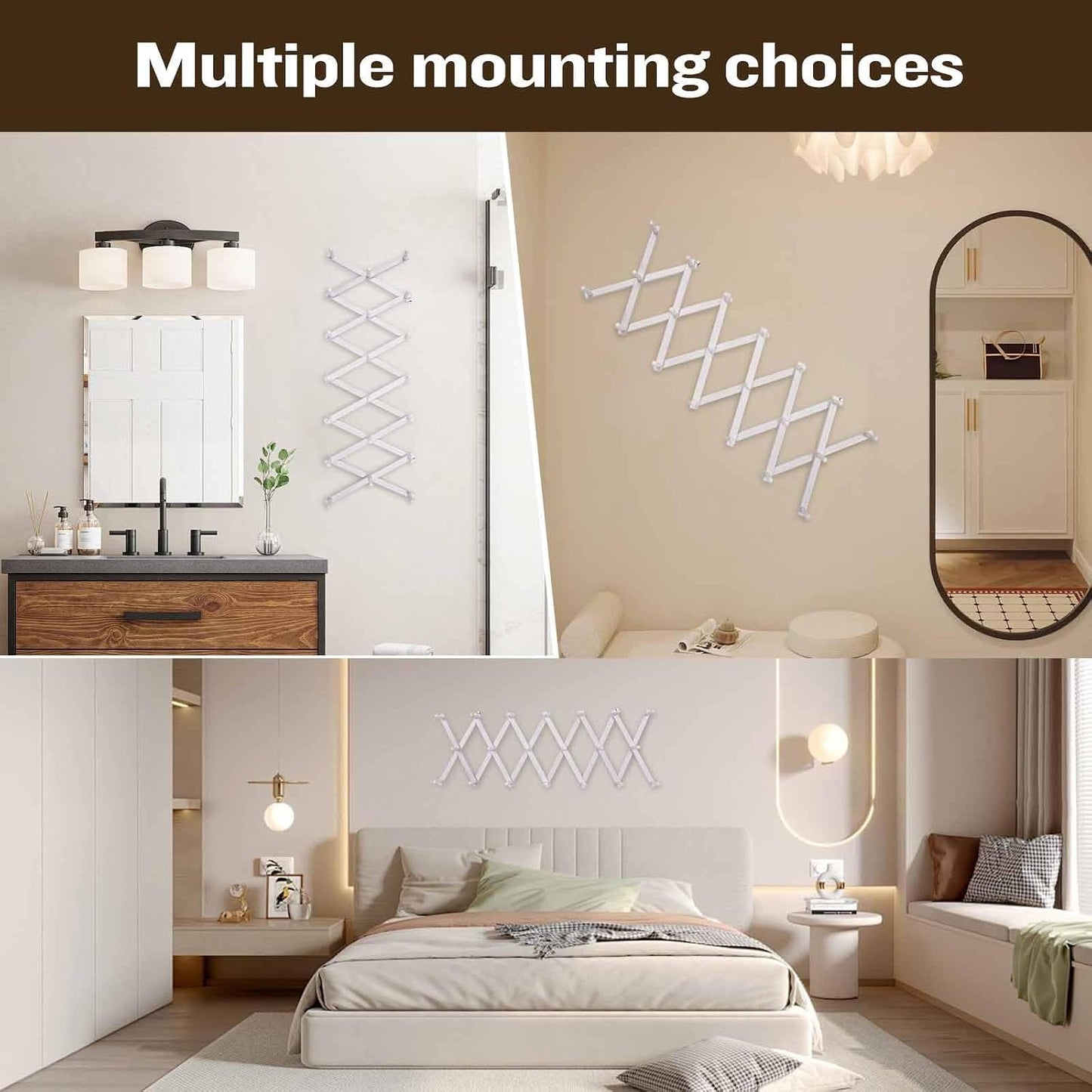 SCUNDA Accordion Wall Hanger with 20 Hooks, Wooden Wall Expandable Coat Rack for Coat, Hats, Baseball Caps, Coffee Mug