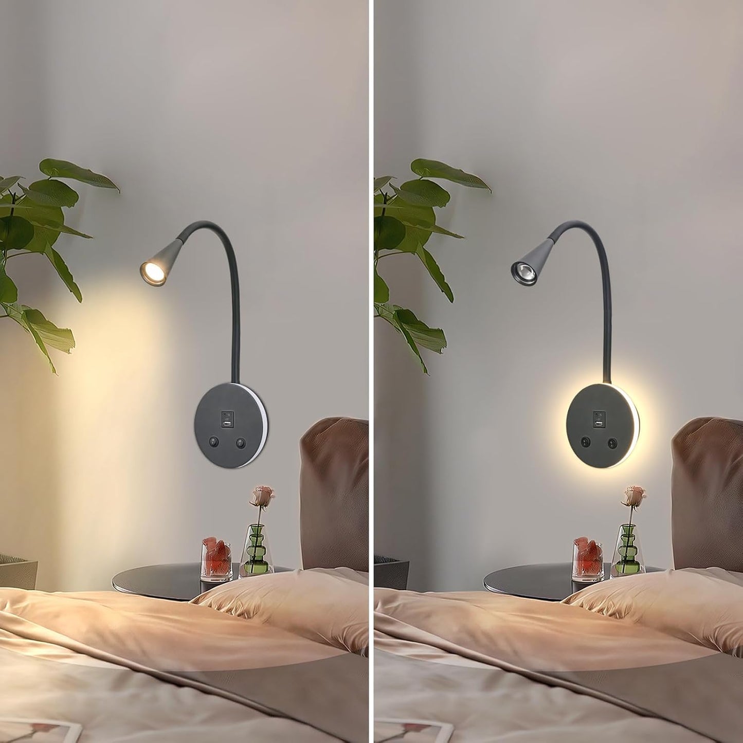 Book Lights for Reading at Night, LED Wall Mounted Reading Light, Flexible Gooseneck Wall Lamps for Bedroom, Plug in