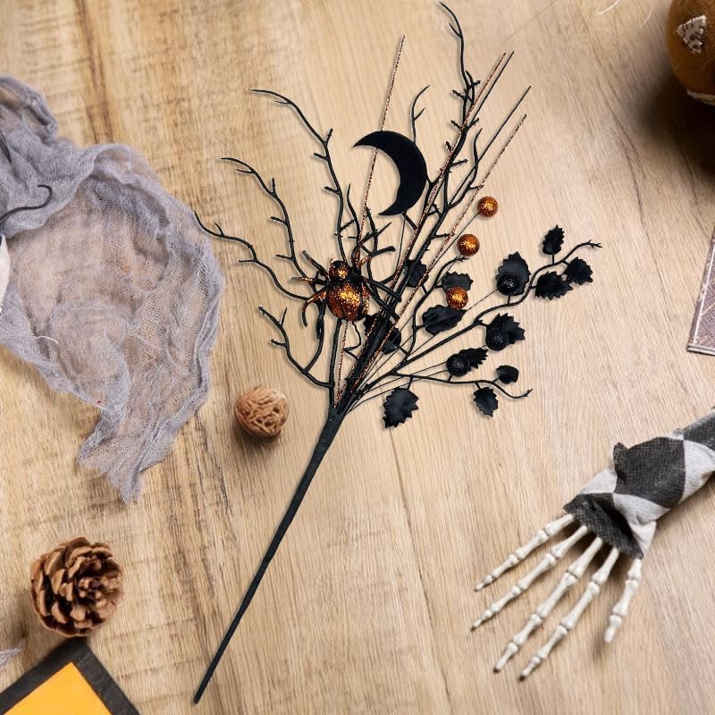 3 Pack Artificial Halloween Floral Picks Purple Orange Black Berry Stems Halloween Tree Branches with Glitter Ball for Halloween Party Flower Arrangement Centerpieces (Orange)