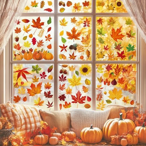 9 Sheets Fall Decorations, 274 PCS Fall Window Clings, Double Sided Autumn Stickers with Maple Leaves Pumpkin Nuts, Autumn Window Clings for Party Thanksgiving Decor Indoor Outdoor Accessories
