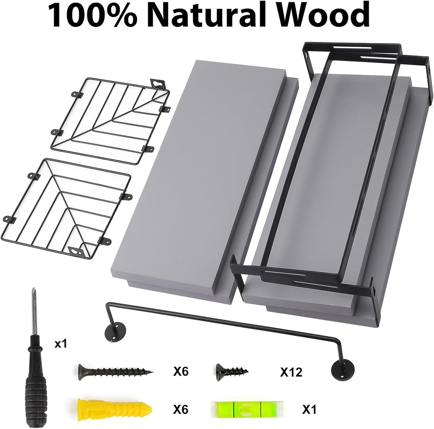 Fixwal Wall Mounted Bathroom Shelves Over Toilet (3+1 Gray) | Wall Shelf with Basket Storage , Towel Bar, Solid Wood