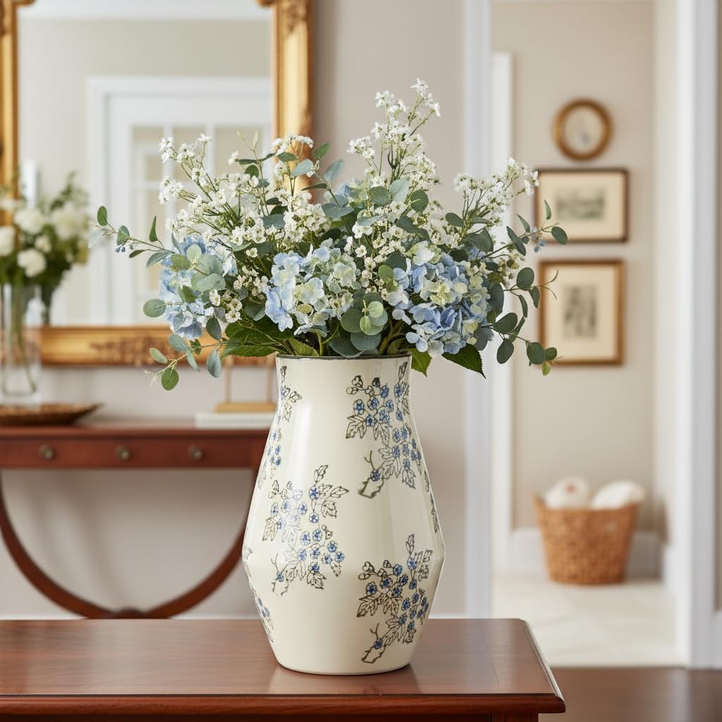 Tall Ceramic Vase for Flowers / Blue and White / 11 Inch