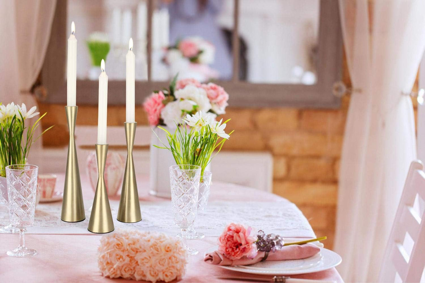 Vixdonos Brass Gold Taper Candlestick Holders Metal Candle Holders Set of 3 Table Mantel Decorative Candle Stand for