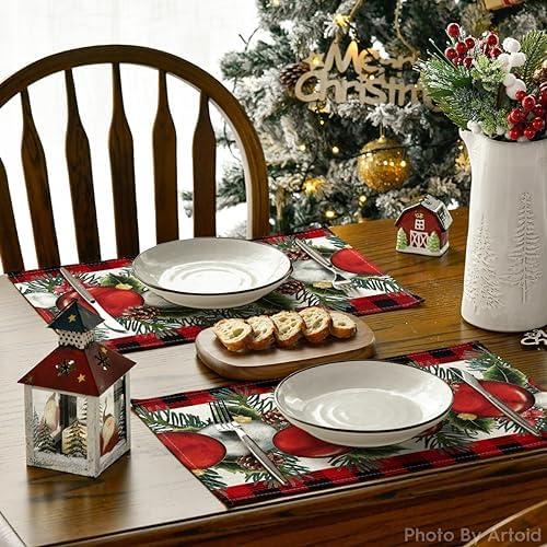 Artoid Mode Red Black Buffalo Plaid Holly Pine Cones Christmas Balls Placemats Set of 4, 12x18 Inch Seasonal Winter Table Mats for Party Kitchen Dining Decoration
