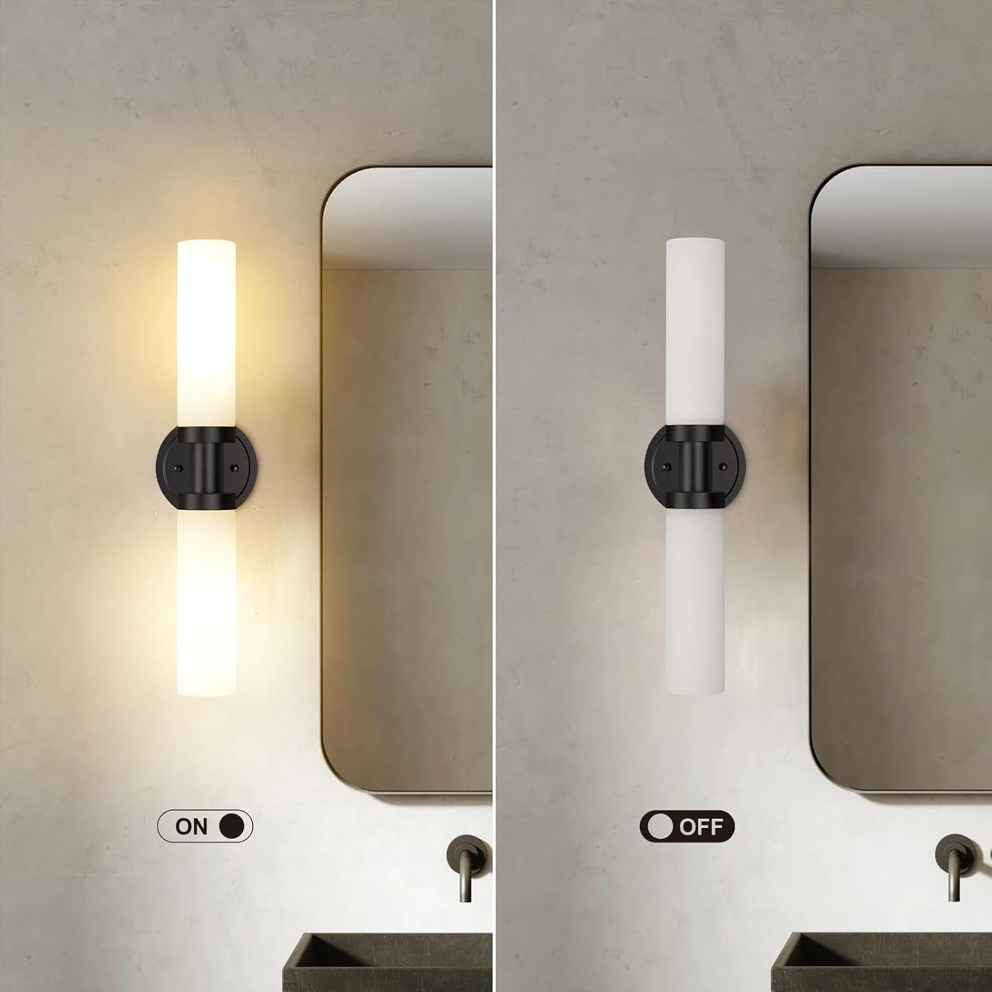 Black Bathroom Light Fixtures, 2-Light Wall Sconces Lighting W/White Glass Shade, Modern Vanity Lights for Mirror, Wall