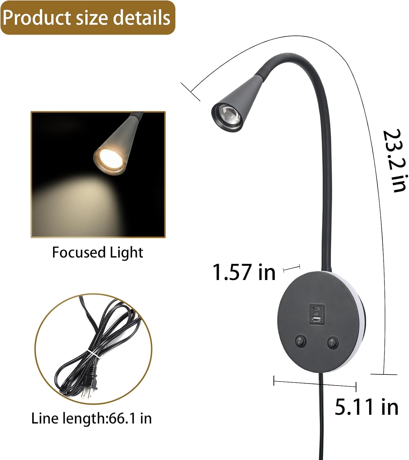 Book Lights for Reading at Night, LED Wall Mounted Reading Light, Flexible Gooseneck Wall Lamps for Bedroom, Plug in