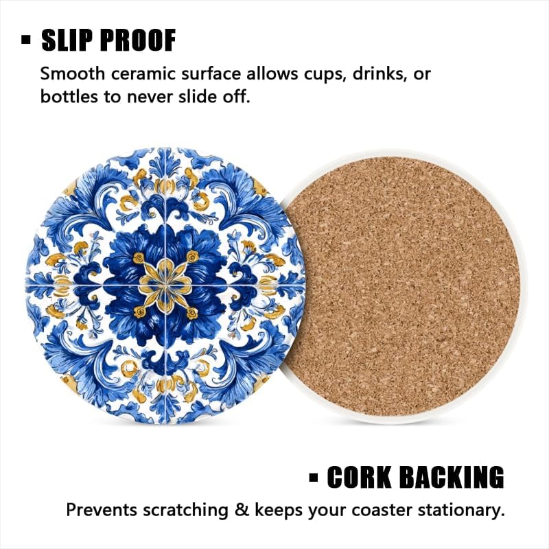 Holder and White Porcelain Coasters / 4in/10cm / Color-3 / Blue / Set of 6