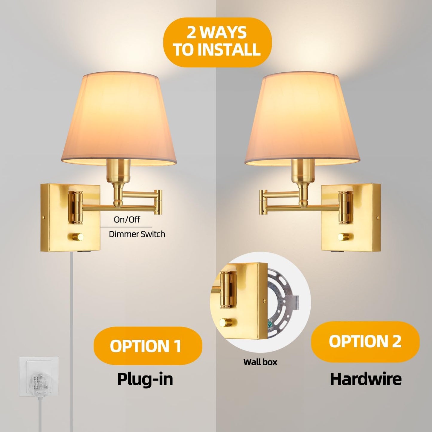 Bedside Wall Mount Light with Dimmable Switch, Swing Arm Fabric Shade Wall Sconce Light with USB Port and Plug in Cord