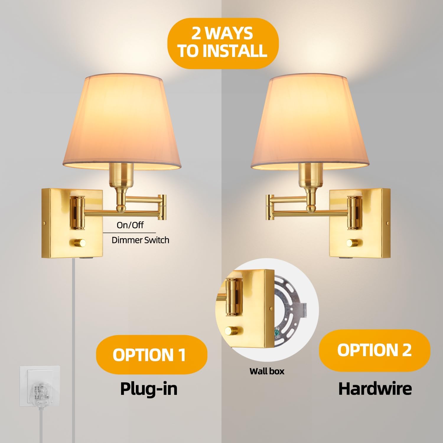 Bedside Wall Mount Light with Dimmable Switch, Swing Arm Fabric Shade Wall Sconce Light with USB Port and Plug in Cord