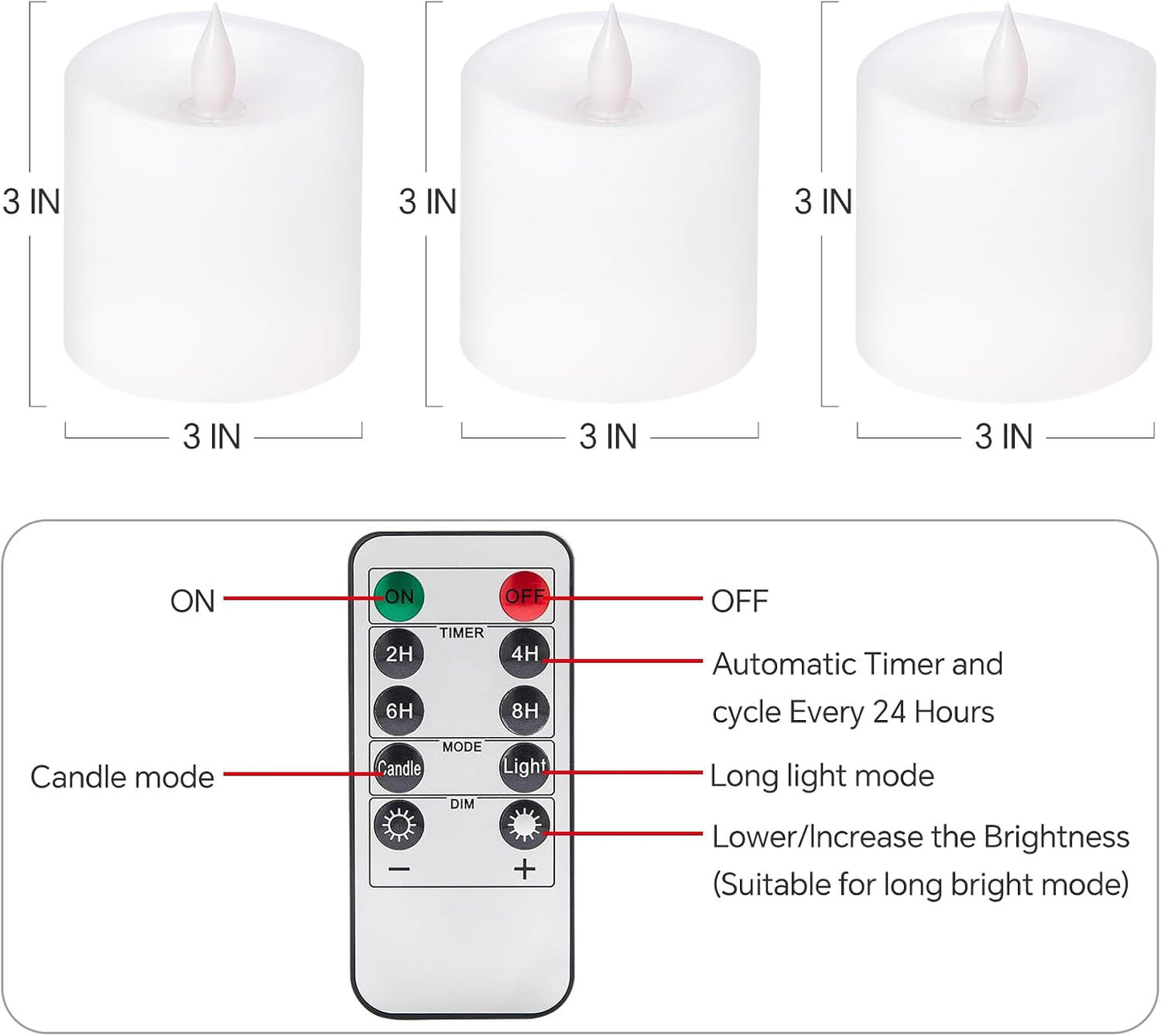 3x3 Flameless Candles Set of 3, LED Battery Candles Flickering, 3 inch Flameless Candles with Remote,Battery Powered