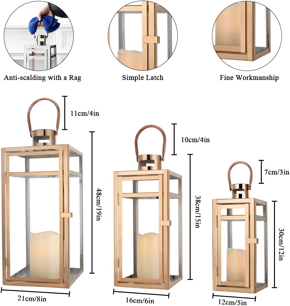 TRIROCKS Set of 3 Stainless Steel Candle Lantern 19/15/12'' High Metal Candle Holder with Tempered Glass Panels Perfect