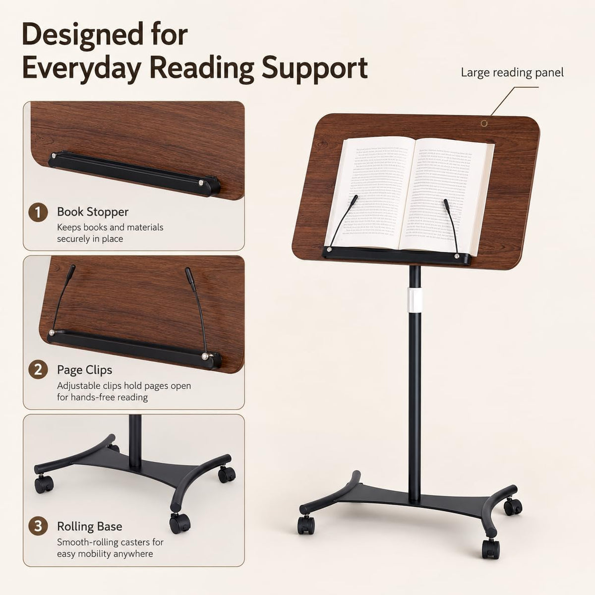 Rolling Book Stand with Wheels, Adjustable Sheet Music & Reading Stand | 16.5 x 11.8 in panel | 19-57 in adjustable