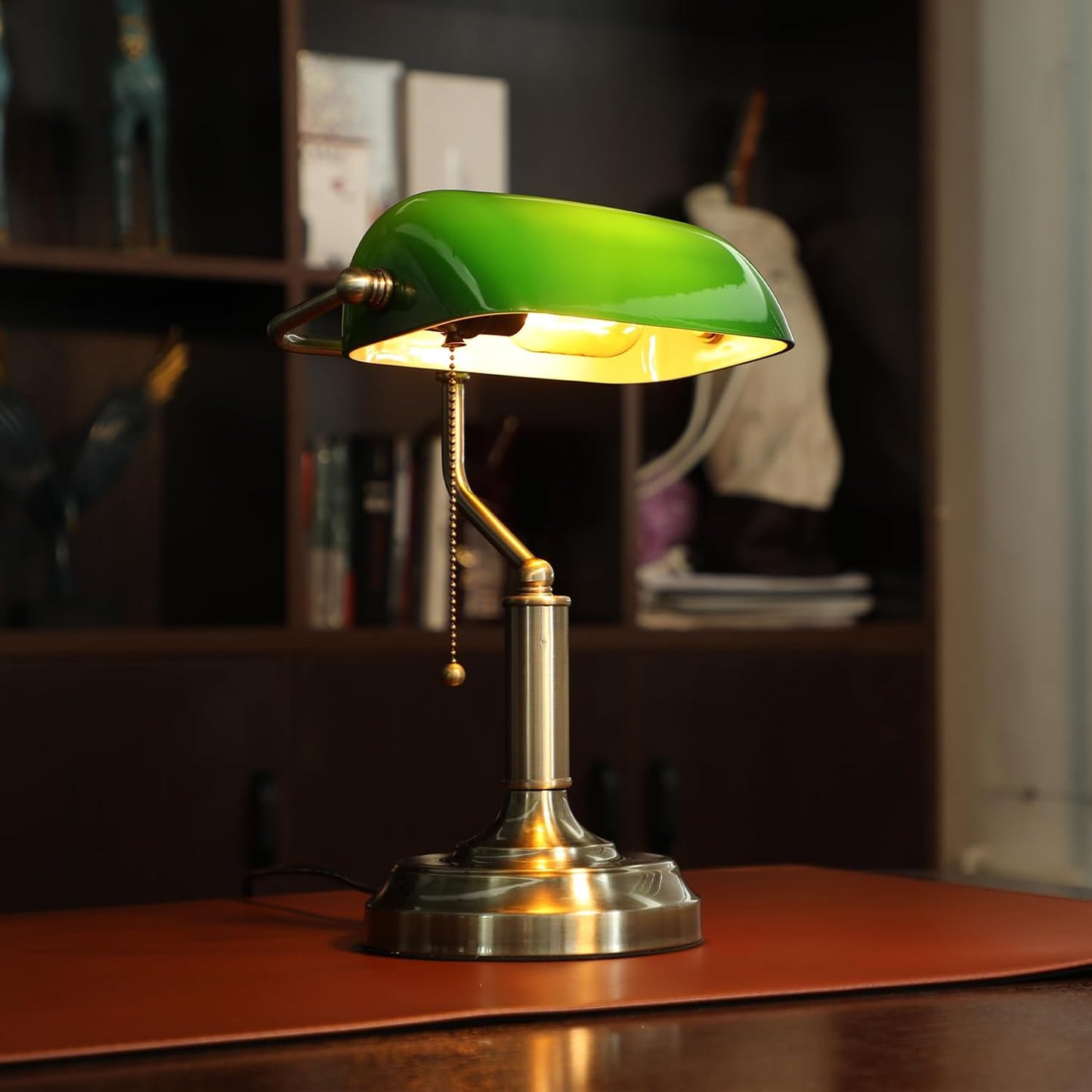 TORCHSTAR Green Glass Bankers Desk Lamp with Pull Chain, E26 Base | Brass Finish Base, Antique Traditional Library Lamp