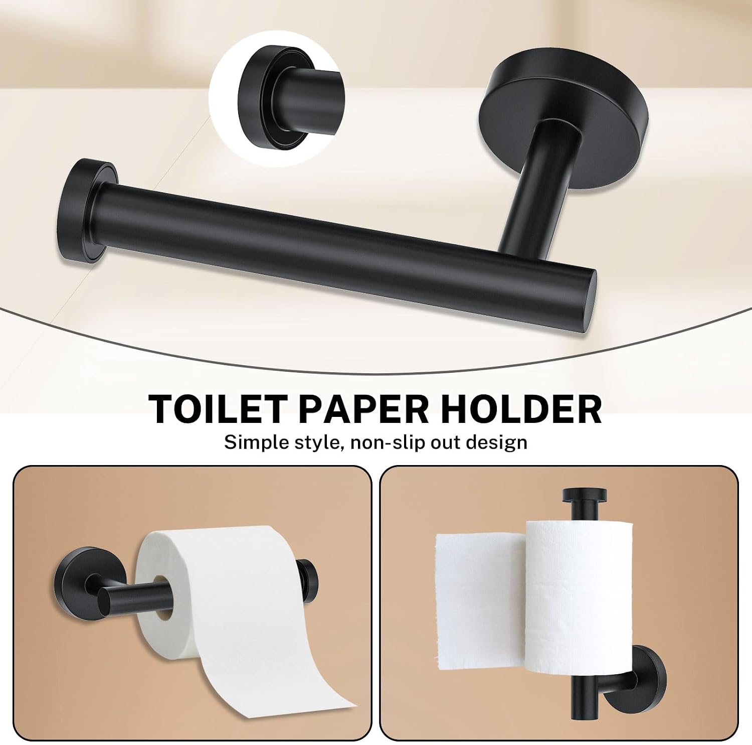 Matte Black Towel Bar Set 5-Piece Bathroom Hardware Accessories Set Includes 23.6in Towel Bar-Round Towel Ring-Toilet