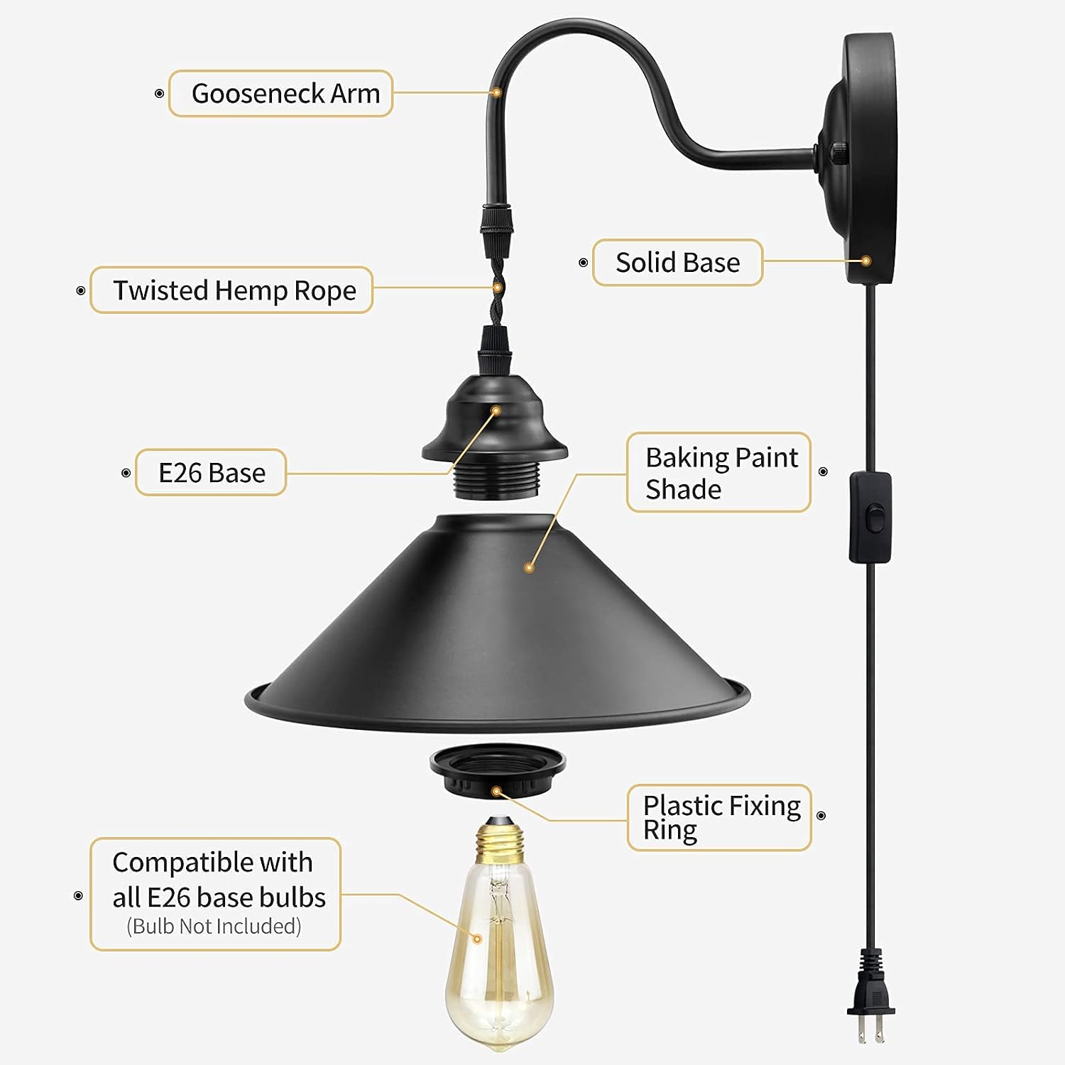 Plug in Wall Sconces, Vintage Plug in Wall Lamp Set of 2 with On/Off Switch, Metal Black Industrial Wall Mounted Light