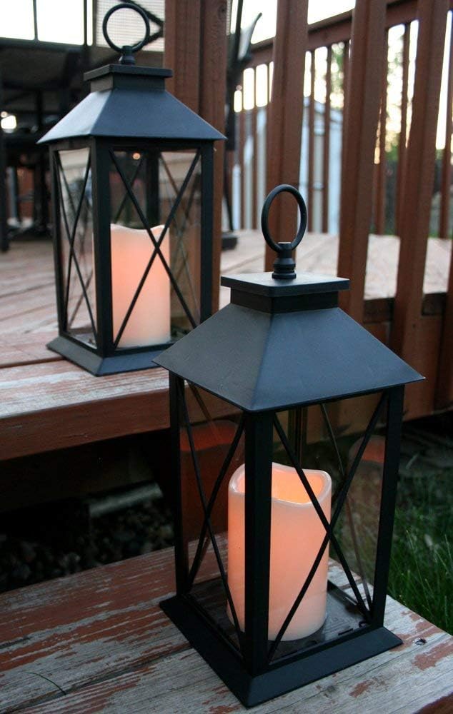 Black Decorative Lantern Set of 2 with LED Candle – Lighted Lanterns with Cross Bar Design, 4 Hour Timer, Indoor